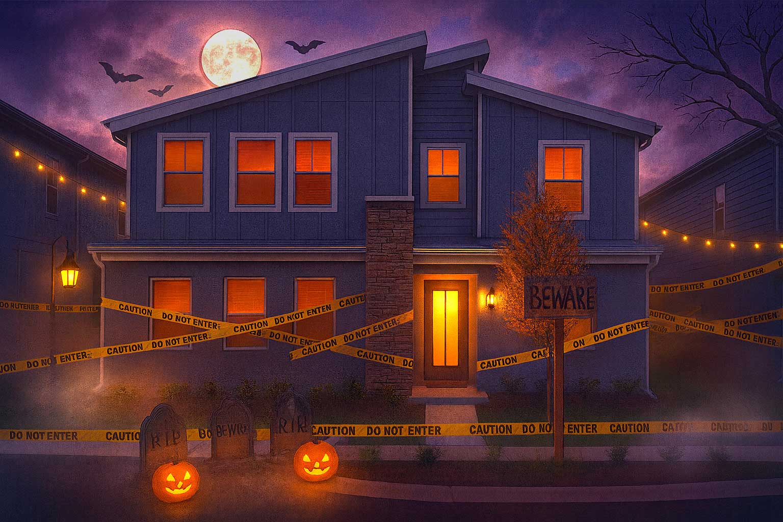 front view of a haunted house