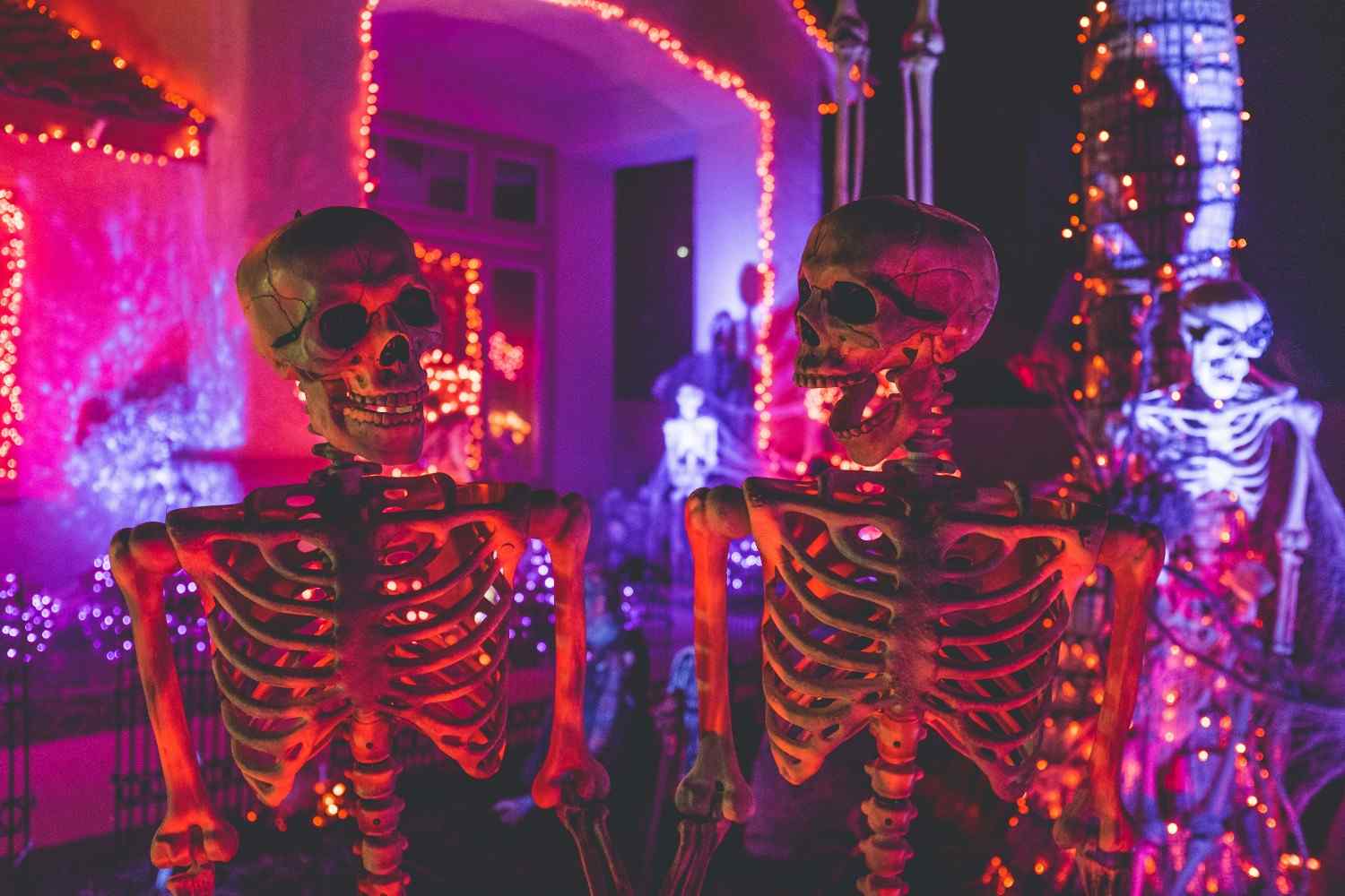 two skeletons in front of a house