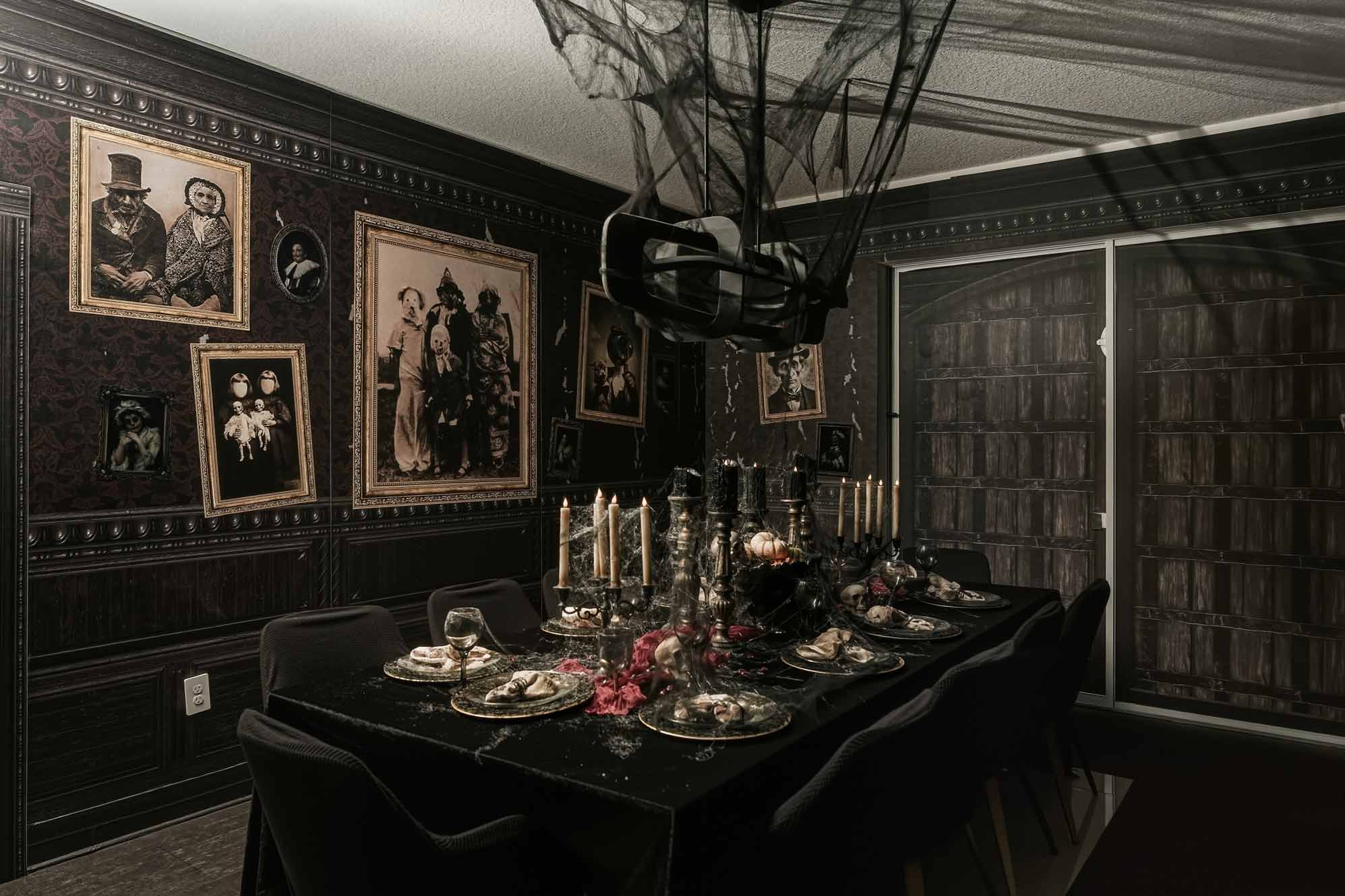 dining room decorated spooky for a haunted house