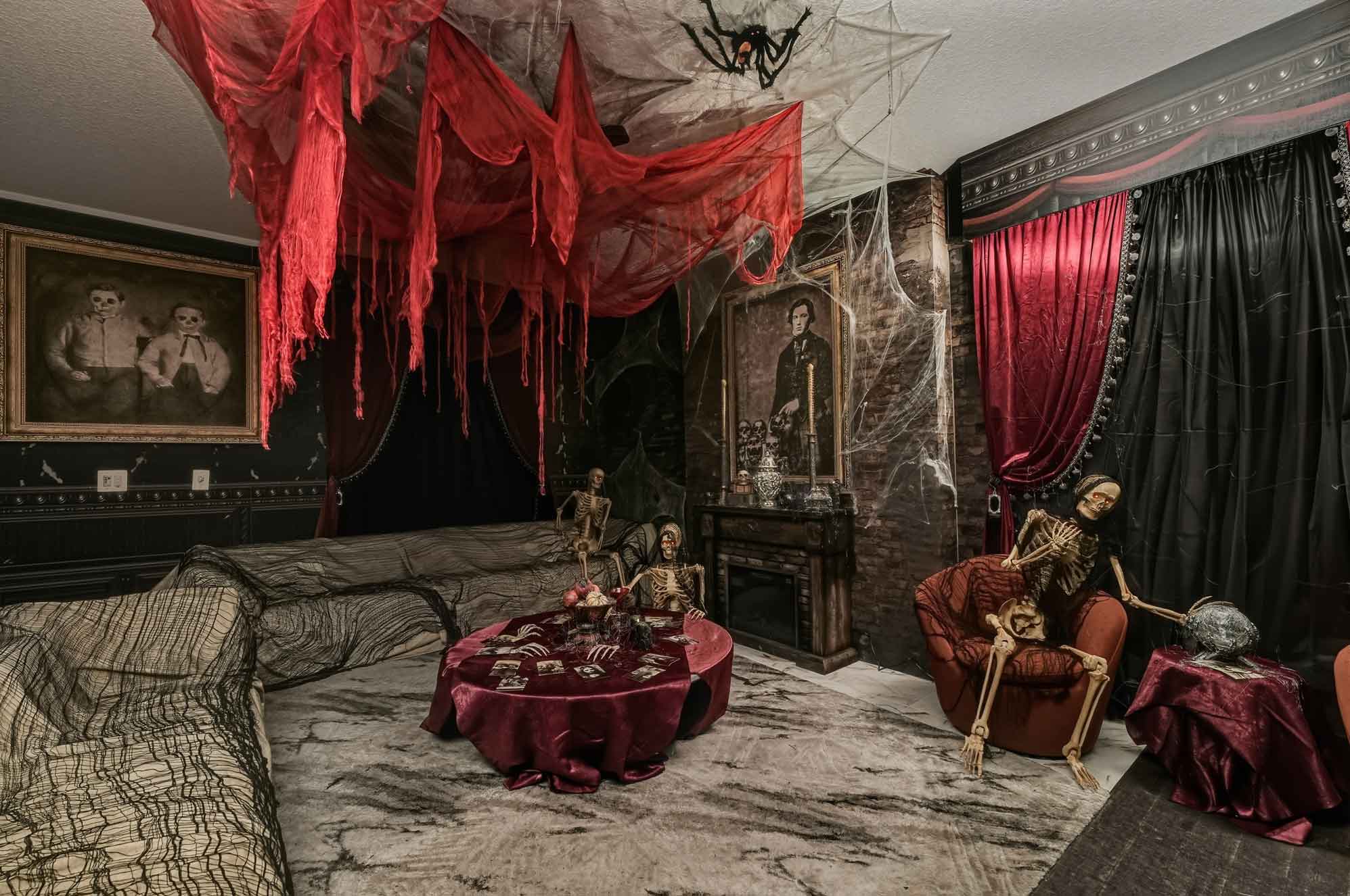 living room decorated spooky for a haunted house