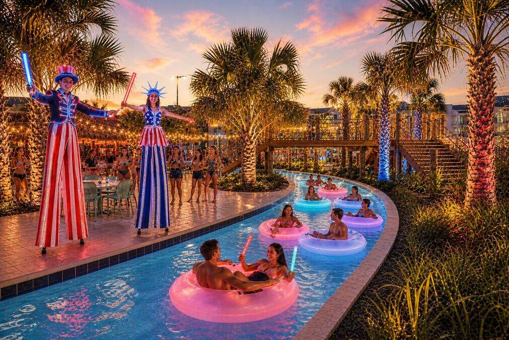 people floating in red white and blue tubes in the lazy river with stilt walkers on the patio