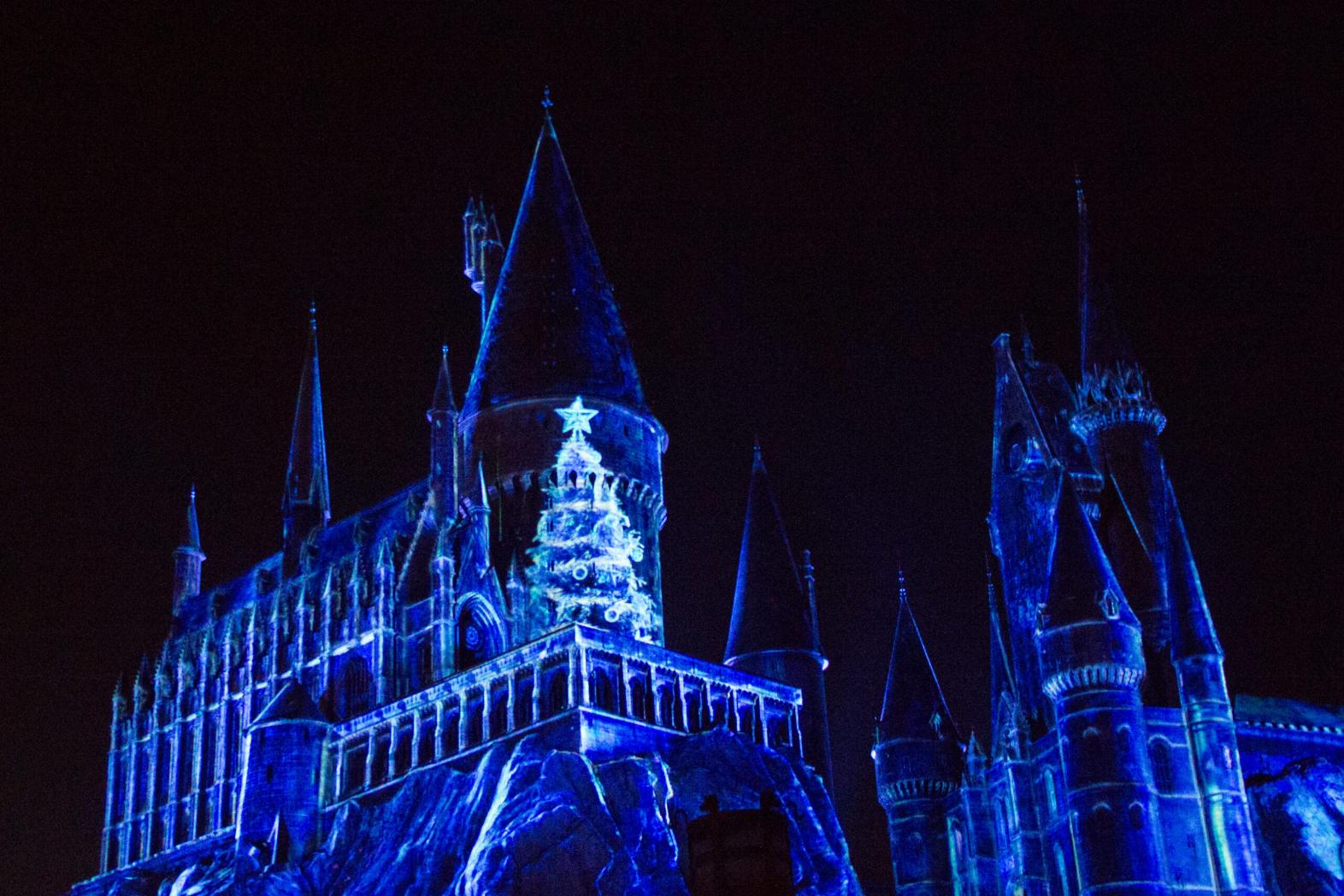 hogwarts castle decorated for christmas and lit up