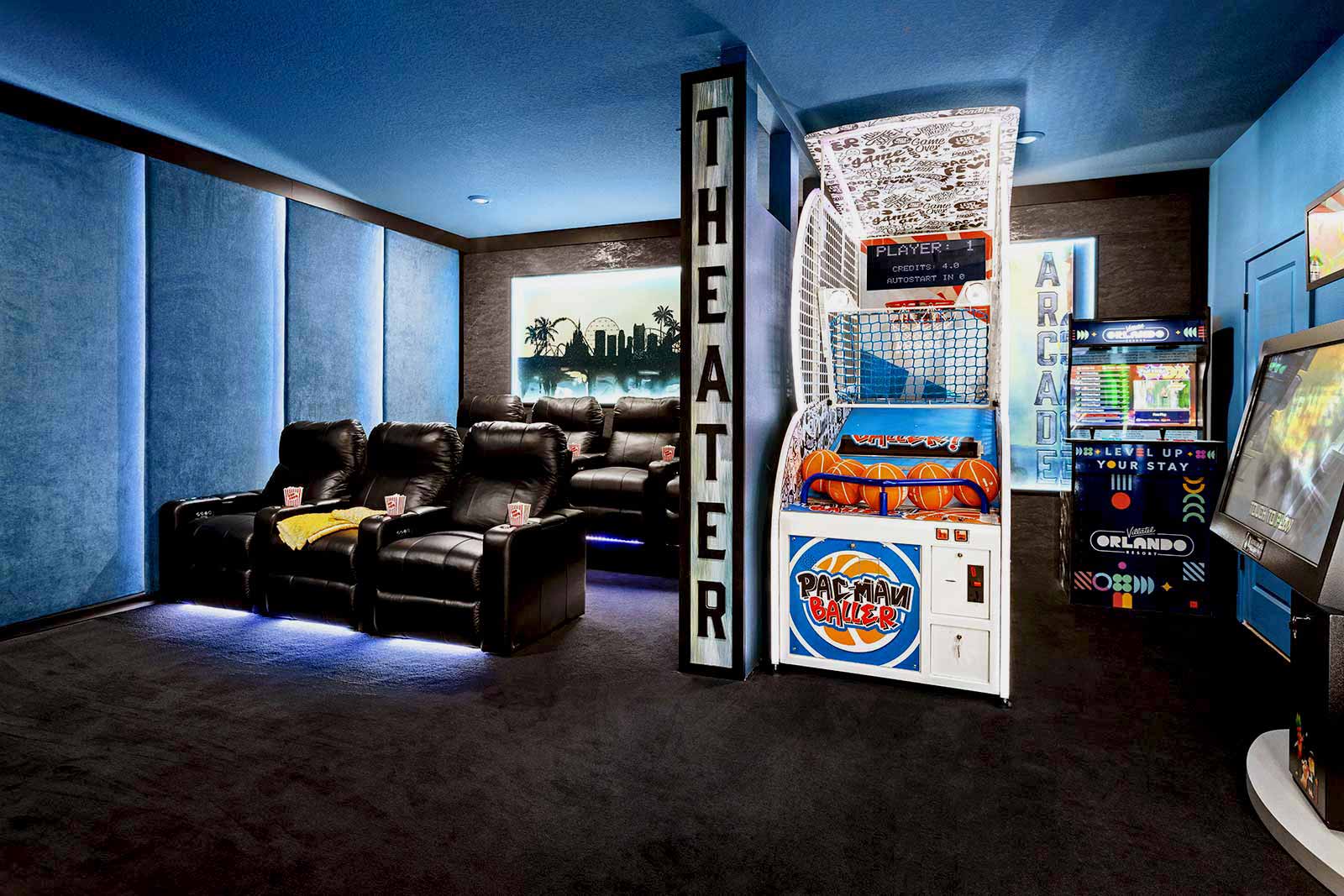 arcade and theater room for relaxation during passover orlando at villatel orlando resort