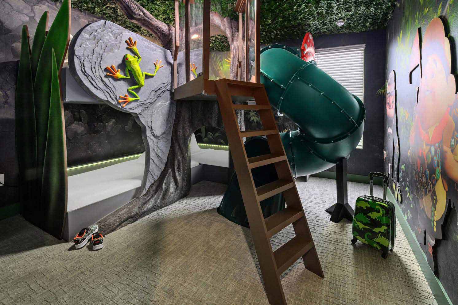 kids themed bedroom with camping them and characters from up for pesach in florida